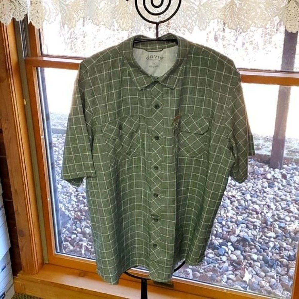 Orvis Mens XL Green Windowpane Plaid Short Sleeve Button Down Tech Shirt Hiking